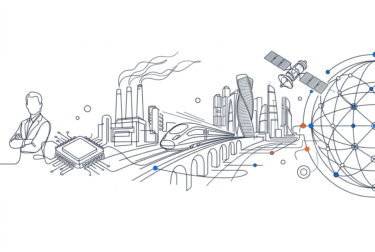 Jafco connected-line illustration linking people, technology, industry, infrastructure and global network